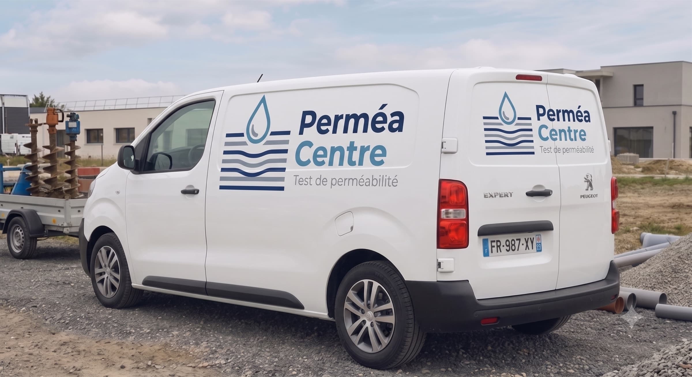 Le véhicule Perméa Centre, équipé pour le test de perméabilité, sur un chantier en Centre-Val de Loire